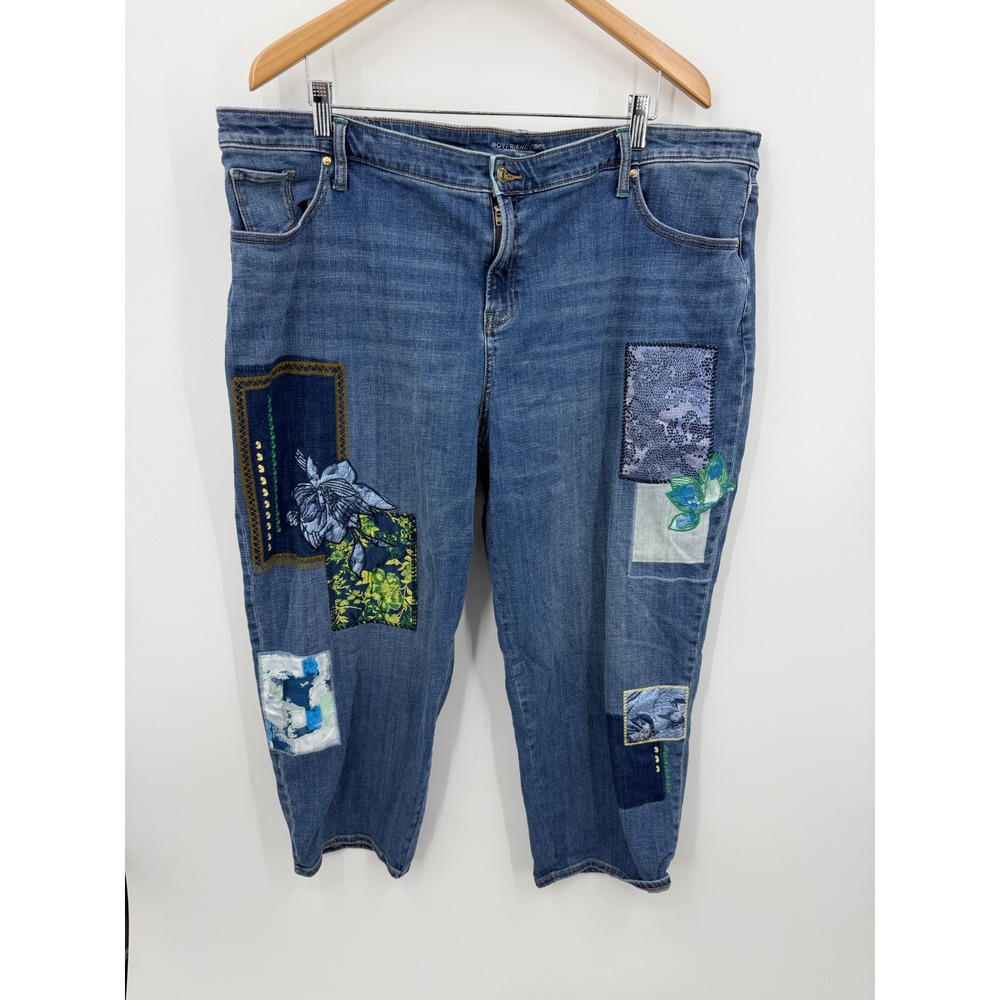 Chico's Boyfriend Crop Jeans Women 4 Size 20 Blue Patchwork Embroidered Floral